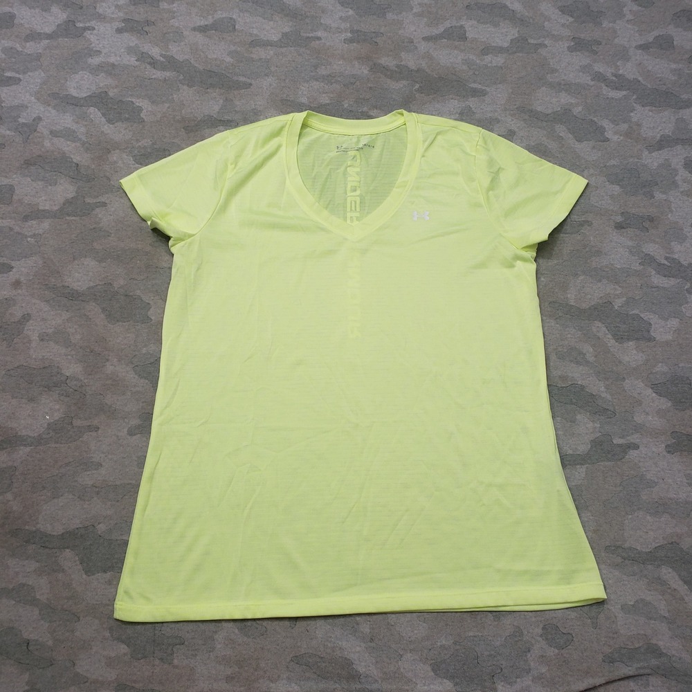 Under Armour Top Womens Large Green V-Neck Loose Fit Activewear Short Sleeve